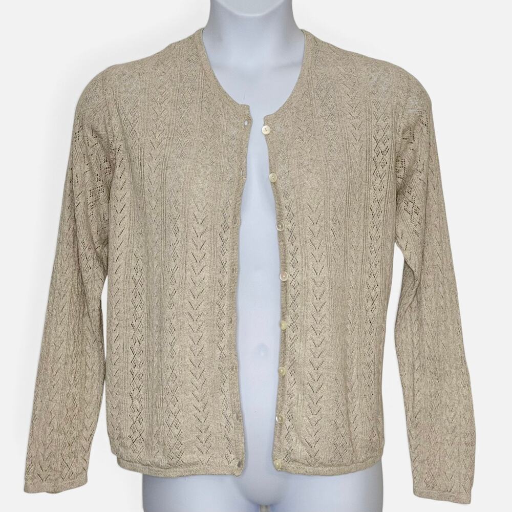 LL Bean Linen Cotton Cardigan XL Pointelle Coastal Beige Vintage 90s Cottagecore